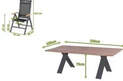 Online Xanadu / Alice Garten-Essgruppe, xerix/schwarz, Alu/Teakholz, 4x4 Textilen, 8 Klappstühle, 220x100cm Aluminium-Gartenmöbel