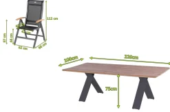 Online Xanadu / Alice Garten-Essgruppe, xerix/schwarz, Alu/Teakholz, 4x4 Textilen, 8 Klappstühle, 220x100cm Aluminium-Gartenmöbel