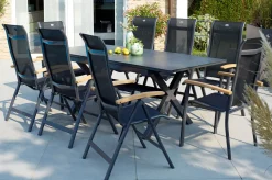 Discount Xanadu / Alice Garten-Essgruppe, xerix/natur, Alu/Teak/Glaskeramik, 4x4 Textilen, 8 Klappstühle, 160/220x100cm, Teak Armlehnen Aluminium-Gartenmöbel