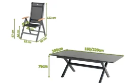 Discount Xanadu / Alice Garten-Essgruppe, xerix/natur, Alu/Teak/Glaskeramik, 4x4 Textilen, 8 Klappstühle, 160/220x100cm, Teak Armlehnen Aluminium-Gartenmöbel