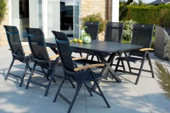 Best Xanadu / Alice Garten-Essgruppe, xerix/natur, Alu/Teak/Glaskeramik, 4x4 Textilen, 6 Klappstühle, 160/220x100cm, Teak Armlehnen Garten-Essgruppen|Aluminium-Gartenmöbel
