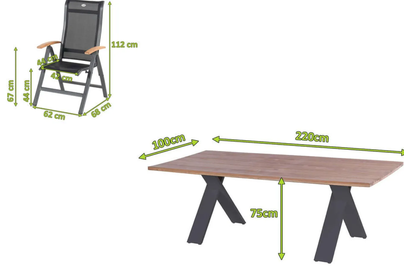Clearance Xanadu / Alice Garten-Essgruppe, xerix/schwarz, Alu/Teakholz, 4x4 Textilen, 6 Klappstühle, 220x100cm Garten-Essgruppen|Aluminium-Gartenmöbel
