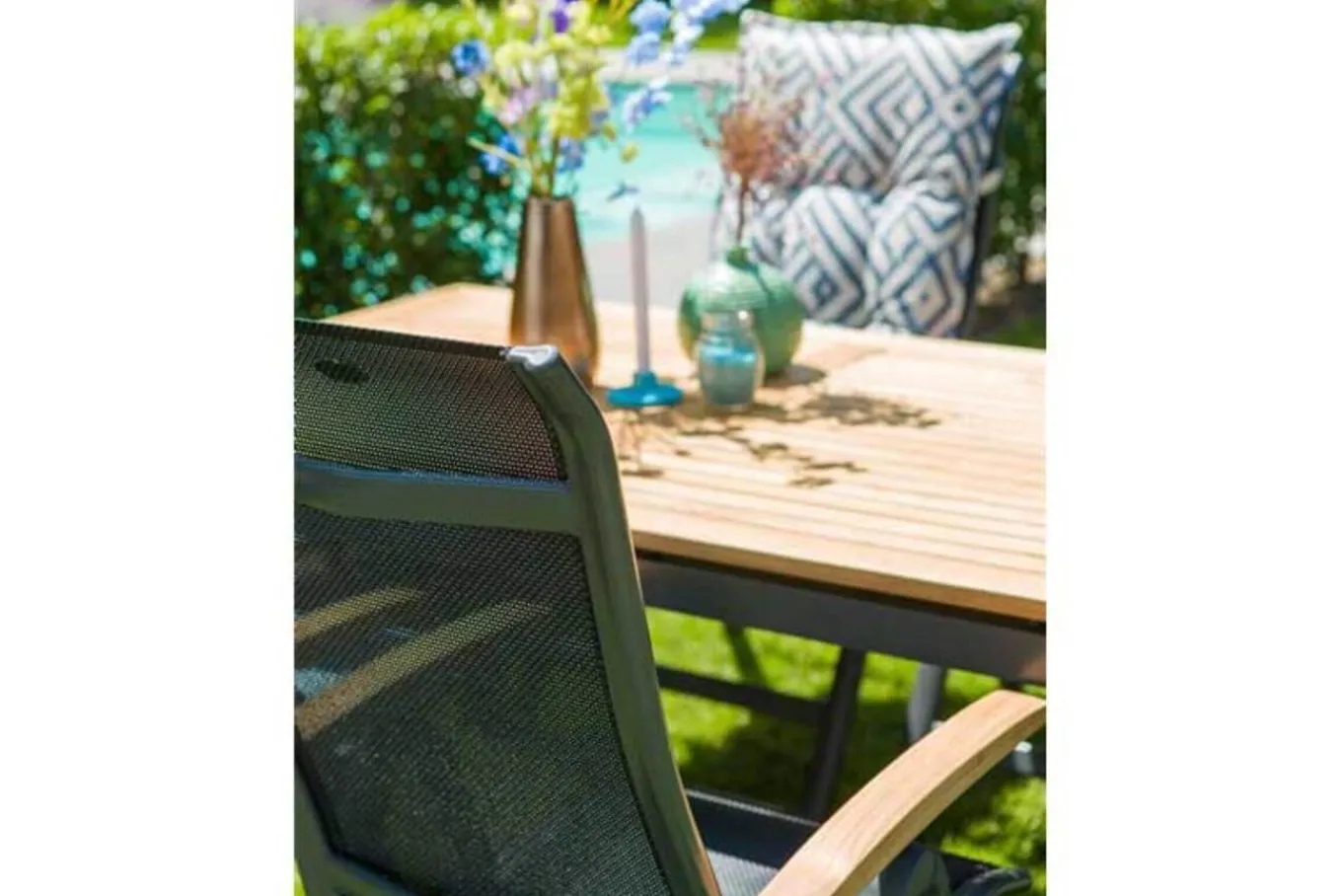 Clearance Xanadu / Alice Garten-Essgruppe, xerix/schwarz, Alu/Teakholz, 4x4 Textilen, 6 Klappstühle, 220x100cm Garten-Essgruppen|Aluminium-Gartenmöbel