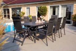 Clearance Xanadu / Alice Garten-Essgruppe, xerix, Alu/Textilene/Glaskeramik, 6 Stapelsessel, 2 Klappstühle, 160/220x100cm Garten-Essgruppen|Aluminium-Gartenmöbel