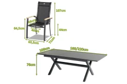 New Xanadu / Alice Garten-Essgruppe, xerix/natur, Alu/Teak/Glaskeramik, 4x4 Textilen, 4 Dining Sessel, 160/220x100cm, Teak Armlehnen Garten-Essgruppen|Aluminium-Gartenmöbel