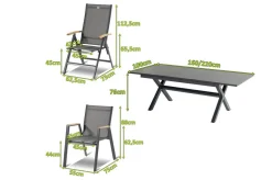 Hot Xanadu / Aruba Garten-Essgruppe, xerix/natur, Alu/Teak/Glaskeramik, 6 Dining Sessel, 2 Klappstühle, 160/220x100cm, Teak Armlehnen Aluminium-Gartenmöbel