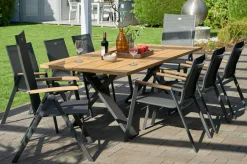 New Xanadu / Aruba Garten-Essgruppe, xerix/anthrazit, Alu/Teakholz, 6 Stapelsessel, 2 Klappstühle, Teakarmlehnen, 220x100cm Garten-Essgruppen