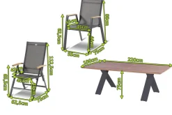 Best Xanadu / Aruba Garten-Essgruppe, xerix/anthrazit, Alu/Teakholz, 2 Stapelsessel, 6 Klappstühle, Teakarmlehnen, 220x100cm Garten-Essgruppen
