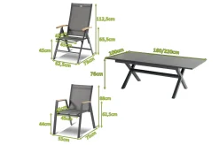 Clearance Xanadu / Aruba Garten-Essgruppe, xerix/natur, Alu/Teak/Glaskeramik, 2 Dining Sessel, 6 Klappstühle, 160/220x100cm, Teak Armlehnen Garten-Essgruppen|Aluminium-Gartenmöbel
