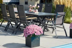 Clearance Xanadu / Aruba Garten-Essgruppe, xerix/natur, Alu/Teak/Glaskeramik, 2 Dining Sessel, 6 Klappstühle, 160/220x100cm, Teak Armlehnen Garten-Essgruppen|Aluminium-Gartenmöbel