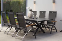 Clearance Xanadu / Primo Garten-Essgruppe, xerix, Alu/Textilene/Glaskeramik, 6 Klappstühle, 160/220x100cm, Ausziehfunktion Garten-Essgruppen|Aluminium-Gartenmöbel