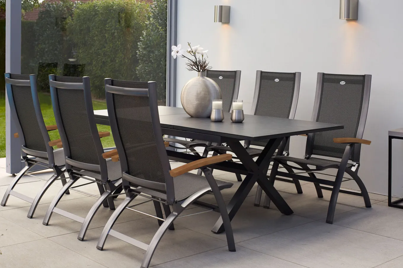 Clearance Xanadu / Primo Garten-Essgruppe, xerix, Alu/Textilene/Glaskeramik, 6 Klappstühle, 160/220x100cm, Ausziehfunktion Garten-Essgruppen|Aluminium-Gartenmöbel