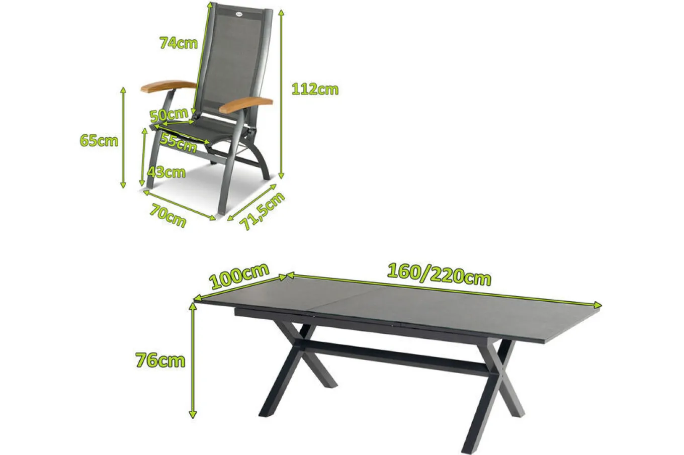 Clearance Xanadu / Primo Garten-Essgruppe, xerix, Alu/Textilene/Glaskeramik, 6 Klappstühle, 160/220x100cm, Ausziehfunktion Garten-Essgruppen|Aluminium-Gartenmöbel