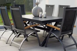 Clearance Xanadu / Primo Garten-Essgruppe, xerix, Alu/Textilene/Glaskeramik, 6 Klappstühle, 160/220x100cm, Ausziehfunktion Garten-Essgruppen|Aluminium-Gartenmöbel