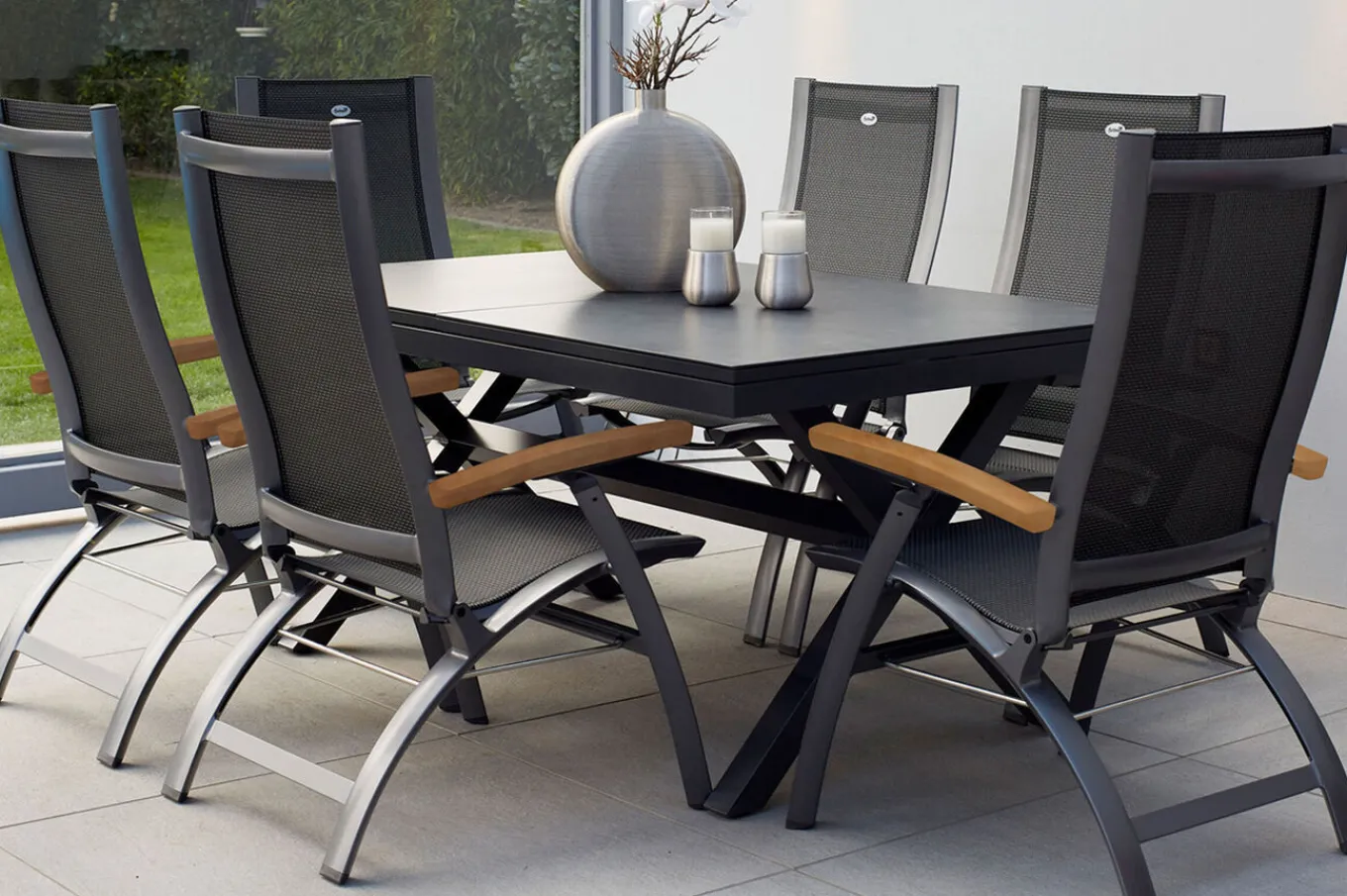 Clearance Xanadu / Primo Garten-Essgruppe, xerix, Alu/Textilene/Glaskeramik, 6 Klappstühle, 160/220x100cm, Ausziehfunktion Garten-Essgruppen|Aluminium-Gartenmöbel
