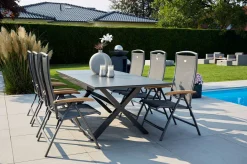 Outlet Xanadu / Raffaelo Garten-Essgruppe, xerix/natur, Alu/Teak/Glaskeramik, 6 Klappstühle, 160/220x100cm, Teak Armlehnen Garten-Essgruppen|Aluminium-Gartenmöbel