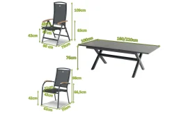 Xanadu / Raffaelo Garten-Essgruppe, xerix/natur, Alu/Teak/Glaskeramik, 6 Dining Sessel, 2 Klappstühle, 160/220x100cm, Teak Armlehnen Garten-Essgruppen|Aluminium-Gartenmöbel