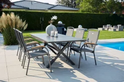 New Xanadu / Raffaelo Garten-Essgruppe, xerix/natur, Alu/Teak/Glaskeramik, 6 Dining Sessel, 160/220x100cm, Teak Armlehnen Garten-Essgruppen|Aluminium-Gartenmöbel