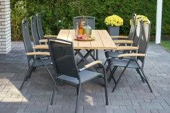Hot Xanadu / Raffaelo Garten-Essgruppe, xerix/anthrazit, Alu/Teakholz, 2 Stapelsessel, 6 Klappstühle, 220x100cm Garten-Essgruppen