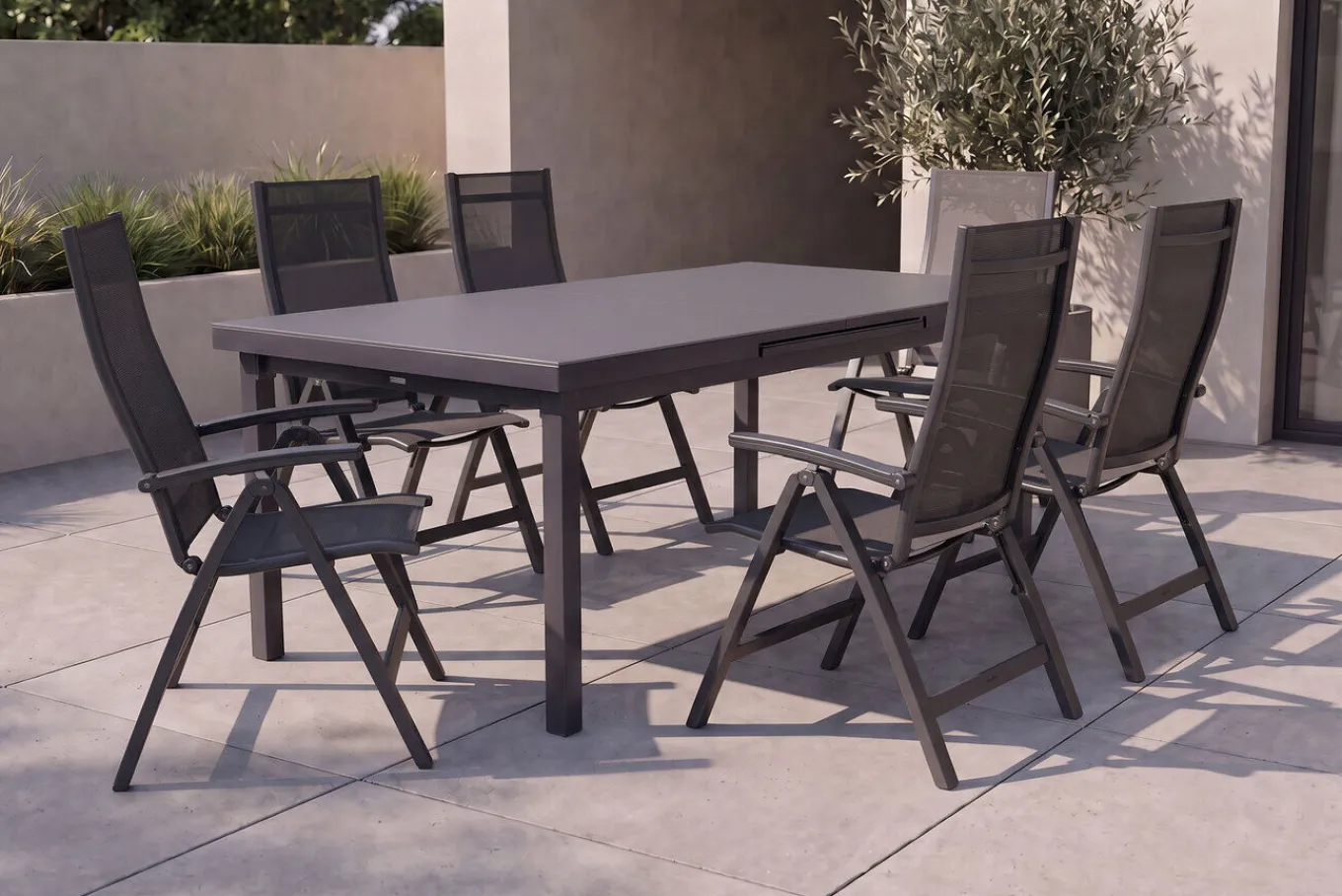 Hot Altura Garten-Essgruppe, anthrazit, Alu/Textilene, Tisch 180/240x100cm, 6 Klappstühle Garten-Essgruppen