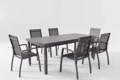 Discount Altura Garten-Essgruppe, anthrazit, Alu/Textilene, Tisch 180/240x100cm, 6 Stapelsessel Garten-Essgruppen|Aluminium-Gartenmöbel