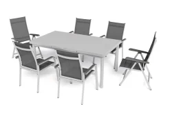 Online BasicPlus Garten-Essgruppe, silber, Alu/Textilene, Tisch 180/240x100cm, 4 Stapel-, 2 Klappstühle Garten-Essgruppen|Aluminium-Gartenmöbel