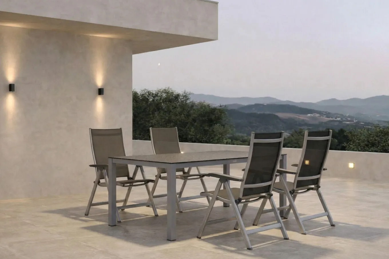 BasicPlus Garten-Essgruppe, silber/anthrazit, Alu/Spraystone/Textil, 160 x 95 cm, 4 Klappstühle Garten-Essgruppen