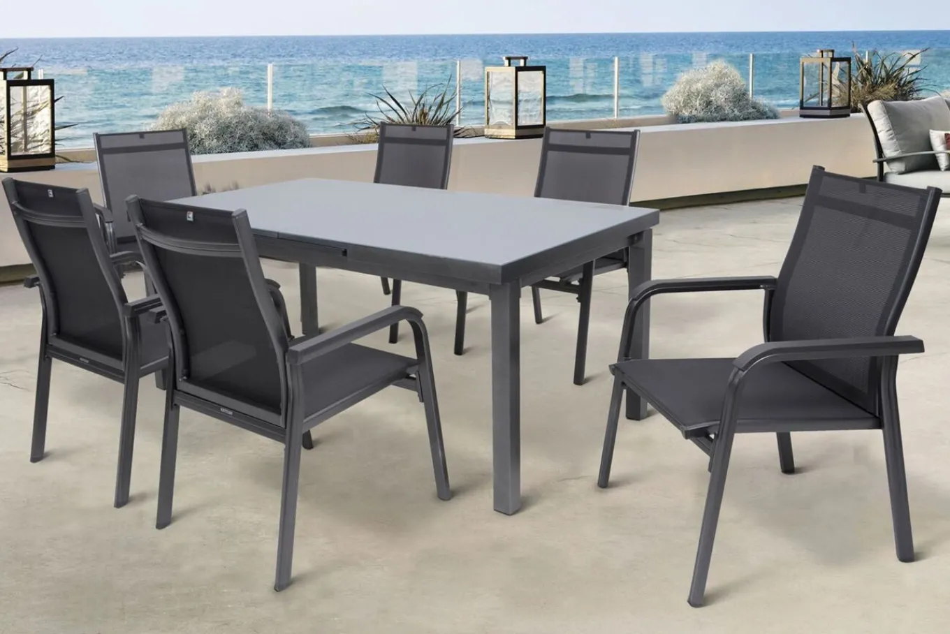 Best BasicPlus Garten-Essgruppe, anthrazit, Alu/Textilene, Tisch 180/240x100cm, 6 Stapelsessel Garten-Essgruppen