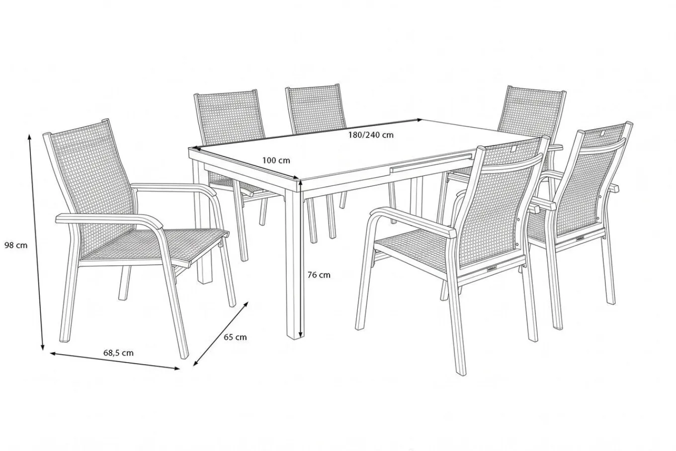 Best BasicPlus Garten-Essgruppe, anthrazit, Alu/Textilene, Tisch 180/240x100cm, 6 Stapelsessel Garten-Essgruppen