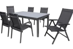 Discount BasicPlus Garten-Essgruppe, anthrazit, Alu/Textilene, Tisch 180/240x100cm, 4 Stapel-, 2 Klappstühle Garten-Essgruppen