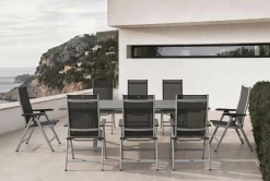Outlet BasicPlus Garten-Essgruppe, silber / anthrazit, Alu / Spraystone / Textil, Tisch 180/280x100cm, 8 Klappstühle Garten-Essgruppen
