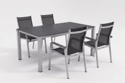 Hot BasicPlus Garten-Essgruppe, silber/anthrazit, Alu/Spraystone/Textil, 160x95 cm, 4 Stapelsessel Garten-Essgruppen|Aluminium-Gartenmöbel