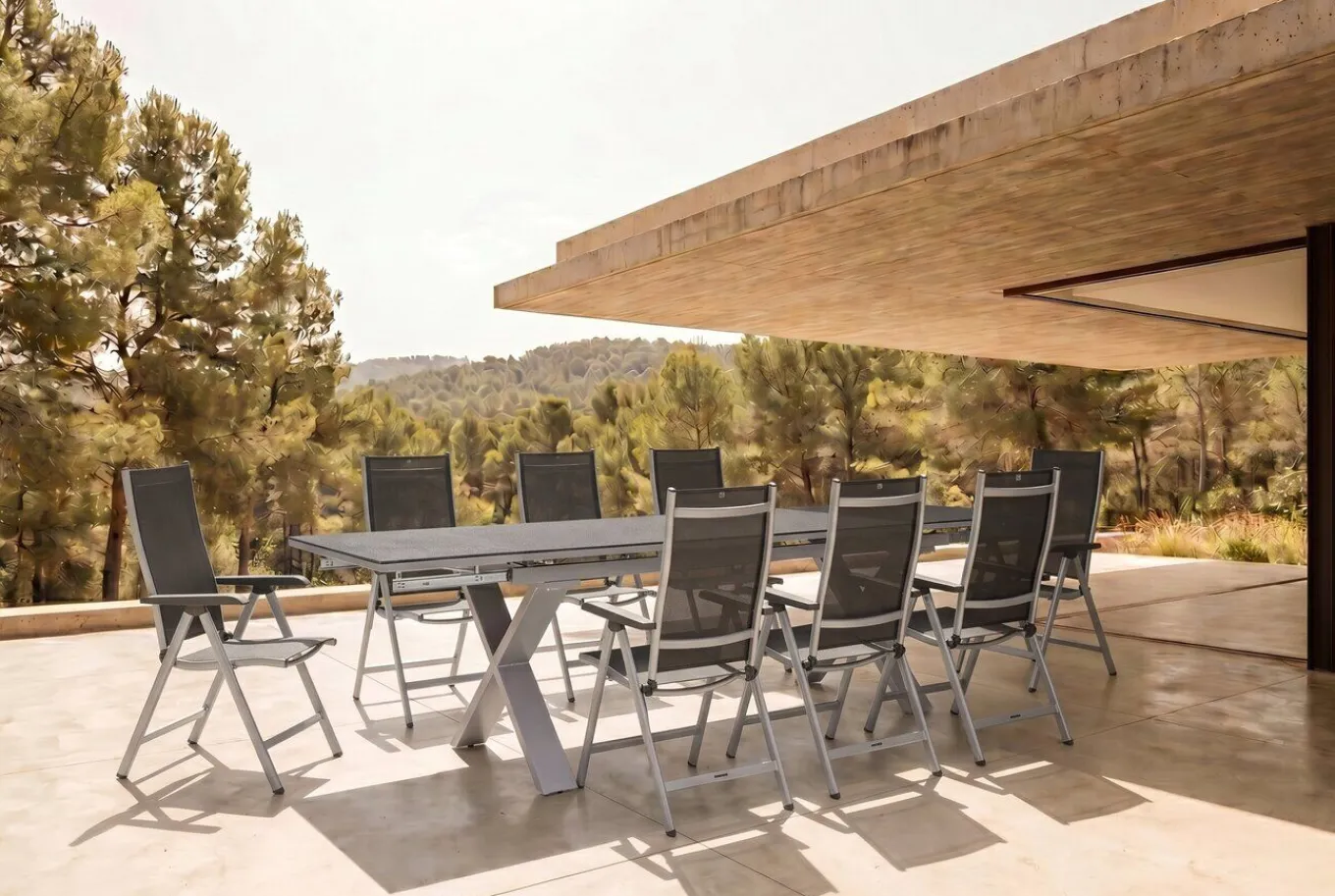 Best BasicPlus Garten-Essgruppe, silber / anthrazit, Alu / Spraystone / Textil, Tisch 180/280x100cm, 10 Klappstühle Garten-Essgruppen