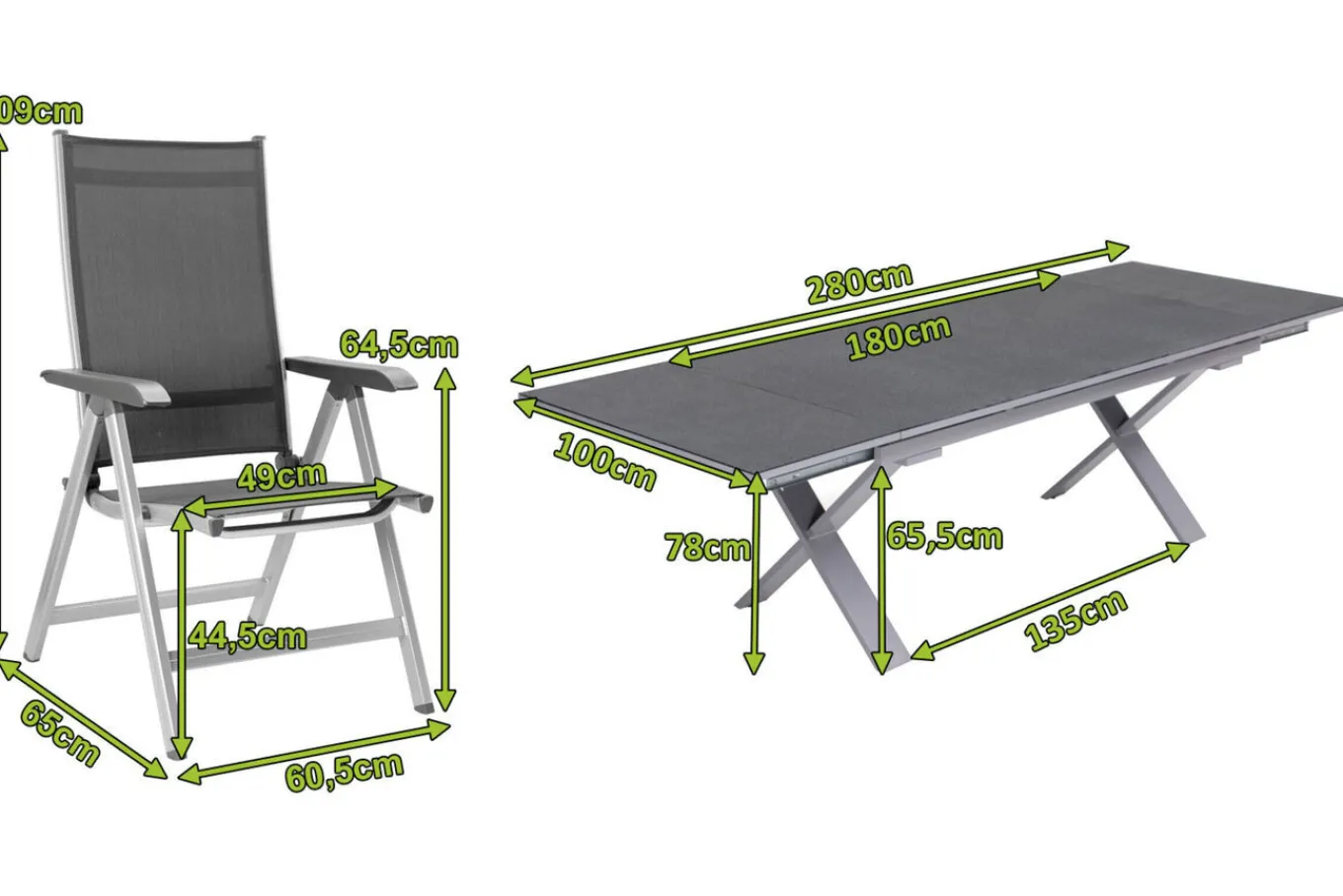 Best BasicPlus Garten-Essgruppe, silber / anthrazit, Alu / Spraystone / Textil, Tisch 180/280x100cm, 10 Klappstühle Garten-Essgruppen
