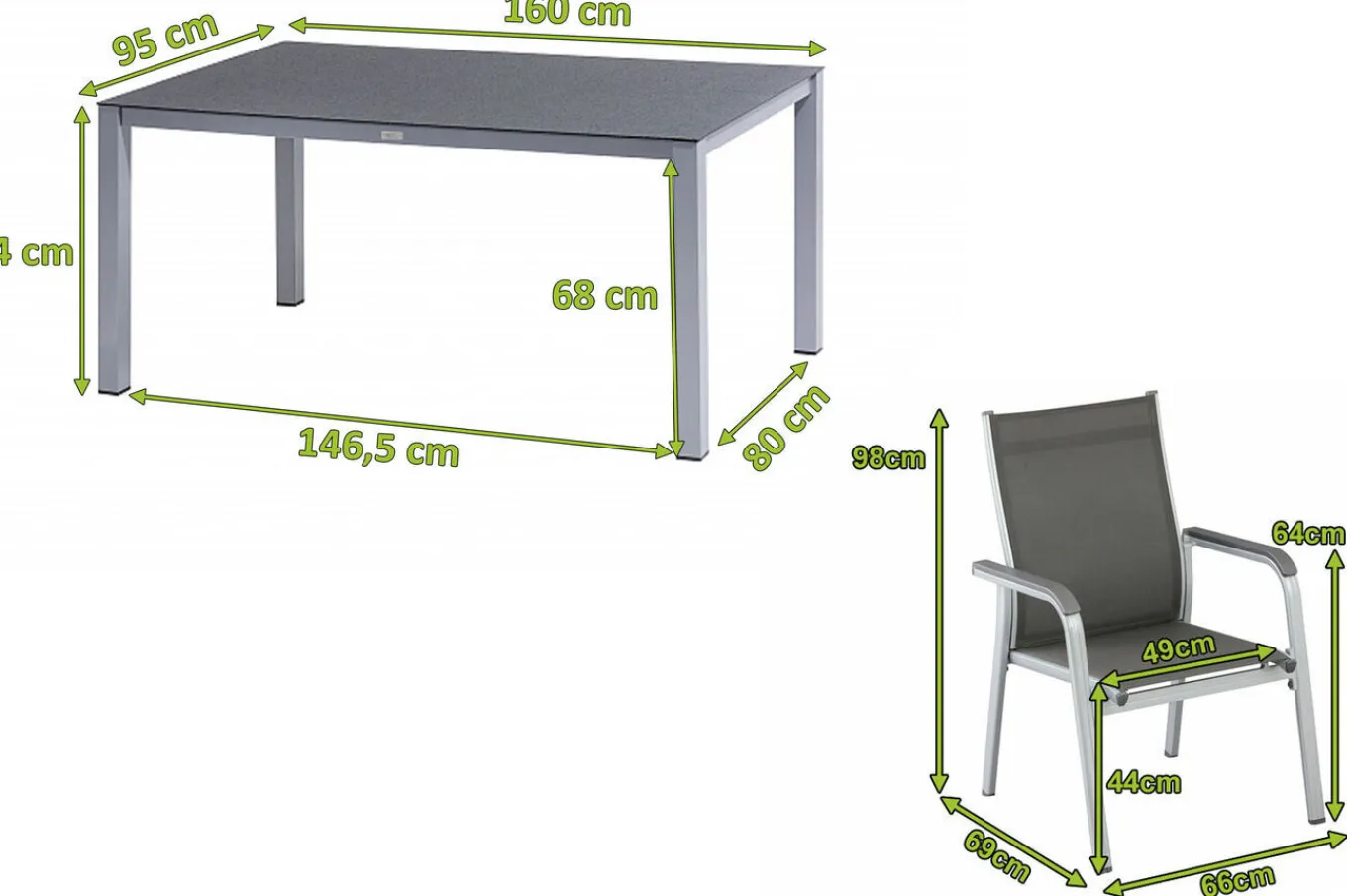 Discount BasicPlus Garten-Essgruppe, silber/anthrazit, Alu/Spraystone/Textil, 160x95 cm, 6 Stapelsessel Garten-Essgruppen
