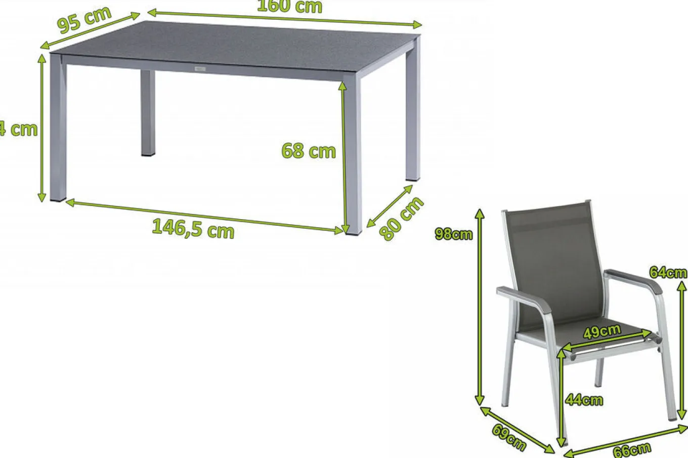 Discount BasicPlus Garten-Essgruppe, silber/anthrazit, Alu/Spraystone/Textil, 160x95 cm, 6 Stapelsessel Garten-Essgruppen
