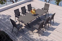 Clearance BasicPlus Garten-Essgruppe, anthrazit, Alu / Spraystone / Textil, Tisch 180/280 x 100 cm, 6 Stapelsessel, 2 Klappstühle Garten-Essgruppen|Aluminium-Gartenmöbel