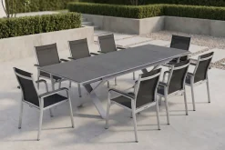 Best BasicPlus Garten-Essgruppe, silber / anthrazit, Alu / Spraystone / Textil, Tisch 180/280x100cm, 8 Stapelsessel Garten-Essgruppen