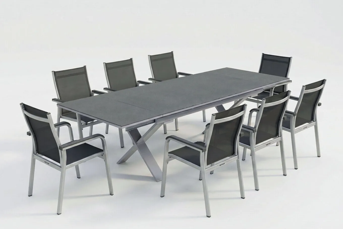 Best BasicPlus Garten-Essgruppe, silber / anthrazit, Alu / Spraystone / Textil, Tisch 180/280x100cm, 8 Stapelsessel Garten-Essgruppen