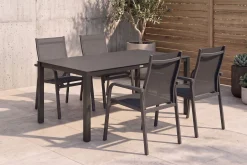 Outlet BasicPlus Garten-Essgruppe, anthrazit, Alu/Spraystone/Textil, 160x95 cm, 4 Stapelsessel Garten-Essgruppen|Aluminium-Gartenmöbel
