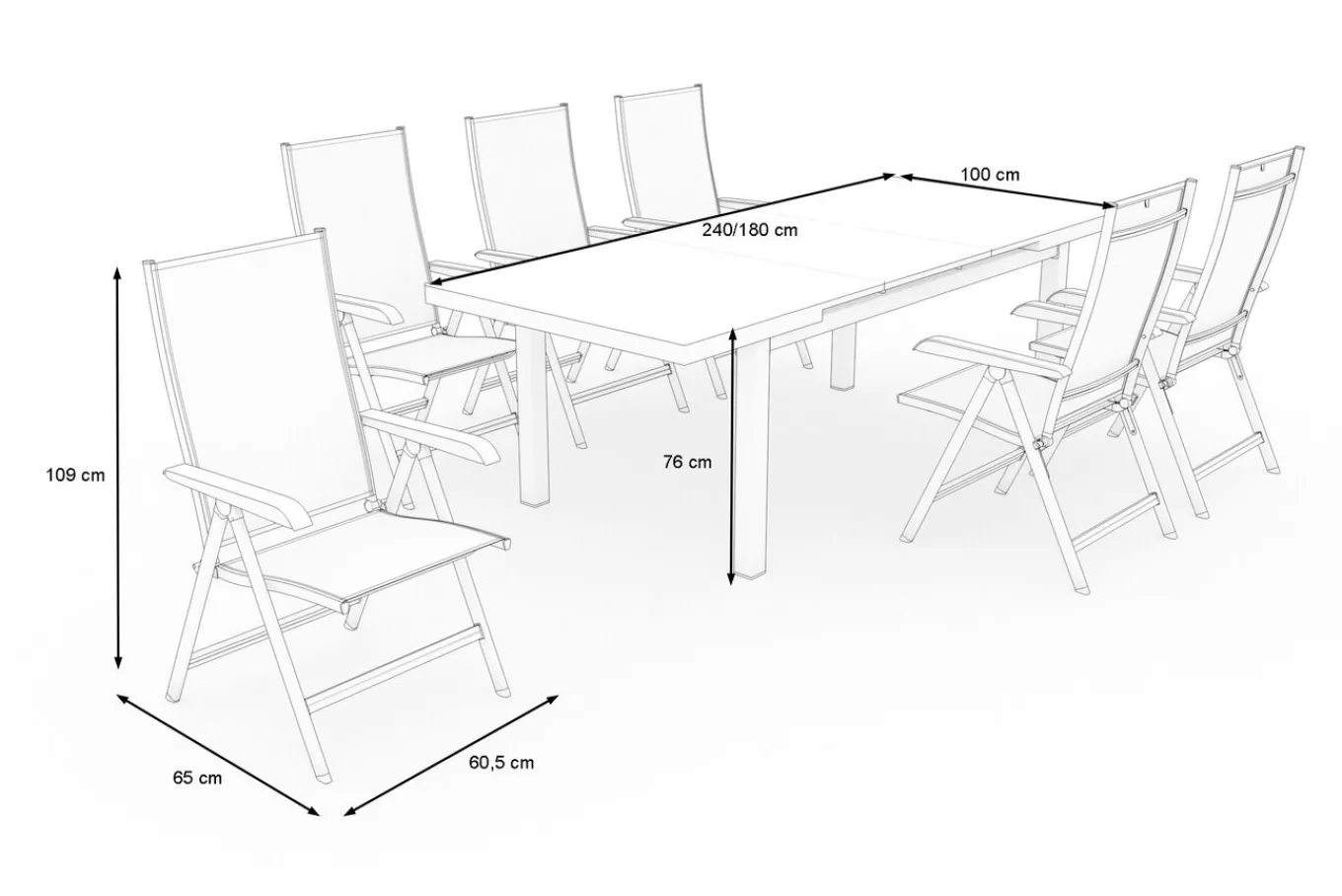 Sale BasicPlus Garten-Essgruppe, anthrazit, Alu/Textilene, Tisch 180/240x100cm, 6 Klappstühle Garten-Essgruppen|Aluminium-Gartenmöbel