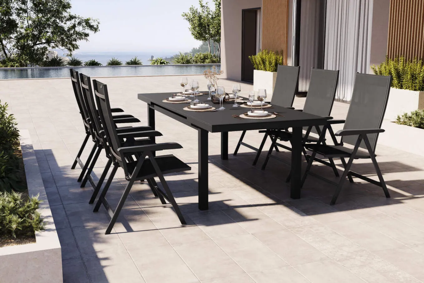 Sale BasicPlus Garten-Essgruppe, anthrazit, Alu/Textilene, Tisch 180/240x100cm, 6 Klappstühle Garten-Essgruppen|Aluminium-Gartenmöbel