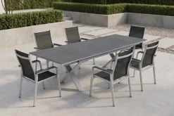 Hot BasicPlus Garten-Essgruppe, silber / anthrazit, Alu / Spraystone / Textil, Tisch 180/280x100cm, 6 Stapelsessel Garten-Essgruppen
