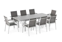 Discount BasicPlus Garten-Essgruppe, silber, Alu/Textilene, Tisch 180/240x100cm, 8 Stapelsessel Garten-Essgruppen