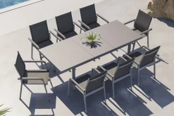 Discount BasicPlus Garten-Essgruppe, silber, Alu/Textilene, Tisch 180/240x100cm, 8 Stapelsessel Garten-Essgruppen
