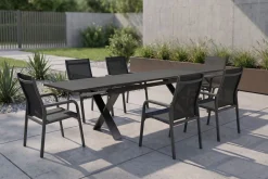 Sale BasicPlus Garten-Essgruppe, anthrazit, Alu / Spraystone / Textil, Tisch 180/280x100cm, 6 Stapelsessel Garten-Essgruppen