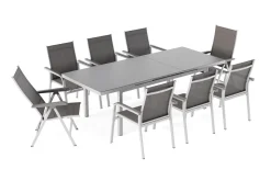 Outlet BasicPlus Garten-Essgruppe, silber, Alu/Textilene, Tisch 180/240x100cm, 6 Stapel-, 2 Klappstühle Garten-Essgruppen