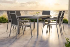 Hot BasicPlus Garten-Essgruppe, 6 Personen, ausziehbar, 180-240cm, Alu/Textilene, Stapelsessel Garten-Essgruppen