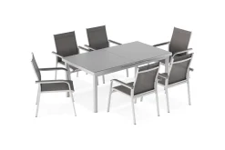 Hot BasicPlus Garten-Essgruppe, 6 Personen, ausziehbar, 180-240cm, Alu/Textilene, Stapelsessel Garten-Essgruppen