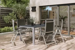 Clearance BasicPlus Garten-Essgruppe, silber/anthrazit, Alu/Spraystone/Textil, 160 x 95 cm, inkl. 6 Klappstühle Garten-Essgruppen|Aluminium-Gartenmöbel